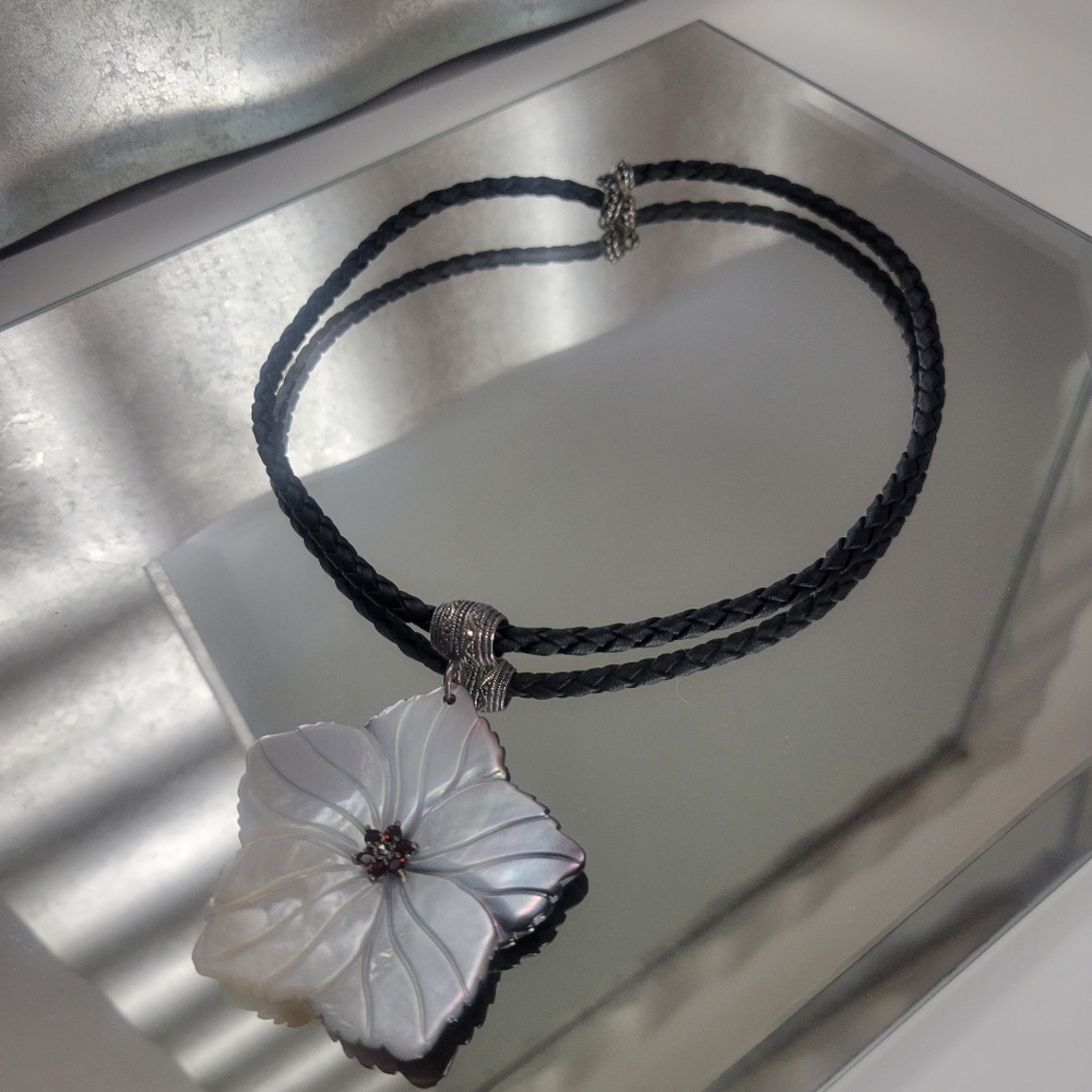 Vintage Mother of Pearl Floral pendant with Garnet and Marcasite Stone Inlay